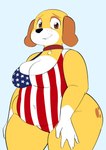 american_flag_clothing anthro belly breasts brown_eyes clothed clothing collar female female_anthro fingers flag_swimwear floppy_ears front_view fur holidays navel_outline one-piece_swimsuit overweight overweight_anthro overweight_female smile swimwear thick_thighs wide_hipped_anthro wide_hipped_female wide_hips yellow_body yellow_fur toonarscontent 4th_of_july martha_speaks martha_lorraine canid canine canis domestic_dog mammal 2024 absurd_res digital_drawing_(artwork) digital_media_(artwork) hi_res portrait three-quarter_portrait