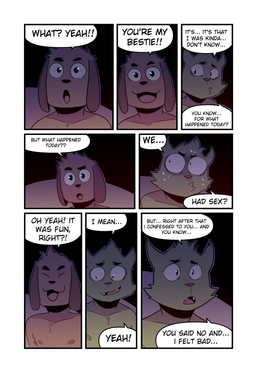 anthro bodily_fluids brown_body brown_fur cute_fangs dialogue duo eight_frame_image eyes_closed fangs floppy_ears fur green_body green_fur happy long_ears looking_away male nervous nervous_sweat nipples oblivious speech_bubble sweat teeth text wide_eyed t0l0k roy_(t0l0k) ted_(t0l0k) canid canine canis domestic_cat domestic_dog felid feline felis mammal comic english_text hi_res multiple_scenes