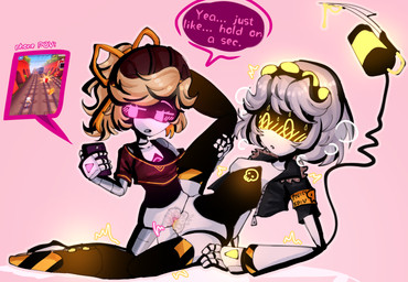 biped cellphone dialogue duo electronics female female/female genitals machine phone screen screen_eyes screen_face sex speech_bubble text tribadism vaginal vulva meellki glitch_productions murder_drones subway_surfers lizzy_(murder_drones) v_(murder_drones) humanoid robot robot_humanoid digital_drawing_(artwork) digital_media_(artwork) english_text handwritten_text hi_res