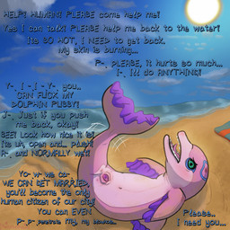 animal_genitalia anus beach begging dialogue female feral genitals marriage_proposal pain presenting profanity questionable_consent sea tail text verbal_submission vulva water poofythedragon aquatic cetacean dolphin mammal toothed_whale 1:1 absurd_res english_text hi_res
