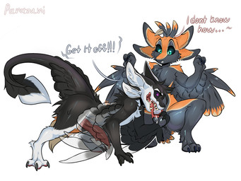 3_fingers 3_toes 4_ears 4_toes all_fours angry animal_genitalia animal_penis anthro anthro_on_anthro ball_fondling ball_grab ball_squeeze balls big_penis big_tail biped black_body black_claws black_feathers black_finger_claws black_fur black_sclera black_toe_claws black_wings blue_eyes bodily_fluids chastity_cage chastity_cage_only chastity_device chastity_device_only chest_tuft claws command command_to_allow countershading crouching cum cum_in_mouth cum_inside dialogue digitigrade dripping duo ellipsis erection exclamation_point feathered_wings feathers feet fellatio finger_claws fingers fondling foreplay front_view fur genital_fluids genitals green_eyes grey_body grey_feathers grey_wings hair huge_penis licking licking_chastity_cage licking_chastity_device long_tail long_tongue looking_at_another looking_down looking_down_at_partner male male/male male_anthro multi_ear multicolored_body nude nude_anthro open_mouth oral orange_body orange_feathers orange_fur pawpads paws penile penis penis_grab permanent_chastity_device pink_genitals pink_pawpads pink_penis pink_tongue pseudo_hair purple_eyes red_genitals saliva sex showing_teeth side_view simple_background speech_bubble spread_arms spread_legs spreading surprised tail tapering_penis teeth text toe_claws toes tongue tongue_out tuft tufted_fur vulva wearing_chastity_cage wearing_chastity_device white_background white_body white_feathers white_fur winged_arms wings parazari fyr_(fenrir784) qamito avali avian bird 2025 4:3 colored digital_drawing_(artwork) digital_media_(artwork) english_text hi_res shaded signature simple_shading maleherm_(lore)