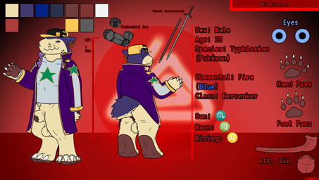 animal_genitalia animal_penis anthro balls blue_eyes bottomless claws clothed clothing coat color_swatch ear_piercing ear_ring facial_scar feet front_view genitals greatsword handpaw hat headgear headwear hindpaw jacket jewelry male mechanical_arm melee_weapon mustelid_penis open_clothing open_coat open_topwear paws penis piercing rear_view ring_piercing scar sheath shirt solo star_print sword tapering_penis toe_claws topwear weapon anonymous_artist nintendo pokemon diesels generation_2_pokemon pokemon_(species) typhlosion digital_media_(artwork) hi_res model_sheet