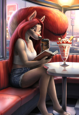 anthro beverage book booth booth_seating bottomwear car clothing coffee coffee_cup container crop_top cup dessert diner drinking drinking_straw evening female food fruit furniture heterochromia hotpants ice_cream ice_cream_sundae light midriff parfait_(dessert) plant reading reading_book restaurant shirt shorts sign sipping solo strawberry sundae table tail tail_mouth topwear unusual_anatomy unusual_tail vehicle window askalin legend_of_ahya ahya_(legend_of_ahya) taylor_renee_wolford_(darkflamewolf) canid canine canis mammal wolf hi_res