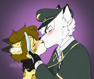 anthro biped black_markings blush claws clothed clothed_anthro clothed_male clothing dipstick_ears duo ear_markings eyes_closed fingers fur hair hat headgear headwear inner_ear_fluff kissing male markings multicolored_ears simple_background spots tuft white_body white_fur kittydee baron_(baronvondrachen) tayga canid canine domestic_cat felid feline felis fox mammal hi_res