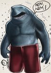 anthro blue_body blue_skin bottomwear clothed clothing dialogue fingers male open_mouth sharp_teeth solo swimming_trunks swimwear teeth tongue topless wallacedestiny dc_comics suicide_squad king_shark fish marine shark 2021 digital_media_(artwork) signature