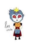 anthro avian bird cape classy clothed clothing cookie crown demon eating food happy havesomeslav headgear helluva_boss male multi_eye owl owl_demon royalty solo stolas_(helluva_boss) tail young