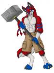 anthro banhammer bottomwear clothed clothing fangs fur hammer male open_mouth paws shorts solo tail teeth tools amocin chase_(character) canid canine canis mammal wolf 2010 3:4 digital_media_(artwork)