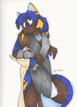 4_fingers anthro armor blue_eyes blue_inner_ear_fluff brown_body brown_fur chest_tuft clothing constellation_markings cosmic_fur cosmic_hair dipstick_tail ethereal_hair female fingers fur grey_clothing hair inner_ear_fluff long_hair markings solo tail tail_markings tuft vambrace yellow_body yellow_fur yellow_markings echovita catherine_amperan canid canine mammal 2025 absurd_res hi_res marker_(artwork) signature traditional_media_(artwork)