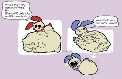 abdominal_bulge ambiguous_anthro ambiguous_gender ambiguous_pred anthro anthro_pred anthro_prey asking asking_another before_and_after belly belly_bed belly_on_ground belly_reduction big_belly biped black_nose black_sclera black_text bloated blue_cheeks blue_ears blue_hands blue_tail body_outline cheek_spots conditional dialogue digestion directional_arrow dot_nose duo eyes_closed face_imprint feet fully_inside fur gaping_mouth gloves_(marking) hand_imprint hand_on_belly hand_on_cheek hand_on_own_belly hand_on_own_cheek huge_belly hyper hyper_belly imprint long_ears looking_at_belly looking_at_own_belly looking_at_self looking_down looking_down_at_belly looking_down_at_self lying lying_on_ground markings monotone_background monotone_belly monotone_feet monotone_hands motion_lines multiple_pred multiple_prey on_front on_ground on_side one_eye_closed one_eye_half-closed open_mouth open_smile question red_cheeks red_ears red_hands red_tail resting_on_belly rumbling_stomach same_size_vore semi-anthro sequential_arrow short side_mouth side_view simple_background sitting sitting_on_ground size_difference small_feet smaller_pred smile soft_vore solo speech_bubble standing tail talking_to_another talking_to_prey tan_arms tan_belly tan_body tan_face tan_feet tan_fur taunting teasing text unseen_prey unwilling_prey vore welcoming white_eyes yawn meatcanister nintendo pokemon daniel_(meatcanister) generation_3_pokemon lagomorph mammal minun plusle pokemon_(species) rodent 2026 digital_media_(artwork) english_description english_text flat_colors hi_res pixel_(artwork)