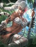 2017 accessory animal_humanoid black_stripes blue_eyes bottomwear braided_hair breasts chest_wraps chinese_zodiac clothed clothing detailed_background fangs felid felid_humanoid female forest fur gem gloves hair hair_accessory handwear holding_object holding_weapon humanoid humanoid_pointy_ears jewelry jungle leaf leaning leg_wraps leucistic licking licking_lips licking_own_lips light light_beam looking_back mammal mammal_humanoid nature open_mouth outside pantherine pantherine_humanoid plant ponytail raised_leg sakimichan scar self_lick skimpy skirt solo staff striped_body striped_fur stripes sunbeam sunlight tattoo teeth tiger_humanoid tongue tongue_out tree weapon white_body white_eyes white_fur white_hair wrap wraps year_of_the_tiger