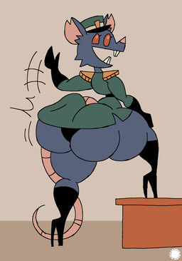 anthro armwear bar_emanata belt big_butt boots bubble_butt buckteeth butt butt_jiggle butt_slap cheek_tuft clothing crossbar_emanata curvy_figure elbow_gloves emanata eyelashes facial_tuft femboy flash_emanata footwear fur gloves grey_body grey_fur handwear hat headgear headwear high_heeled_boots high_heels inner_ear_fluff jiggling knee_boots knee_highs legwear logo male notched_ear rear_view red_eyes shoes slap slapping_own_butt slapping_self small_waist solo tail teeth text thick_thighs tuft underwear uniform wasp_waist thatdawgmurray general_hartman_(thatdawgmurray) mammal murid murine rat rodent aliasing artist_logo artist_name digital_media_(artwork) hi_res signature