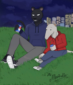 anthro beverage beverage_can black_body black_fur city city_background clothed clothing cloud duo fur grass male night plant sky skyscape smile soda tail text mr._maestrello beastars kibi_(beastars) tao_(beastars) anteater felid feline leopard mammal pantherine pilosan tamandua xenarthran 2026 absurd_res artist_name colored digital_drawing_(artwork) digital_media_(artwork) hi_res signature watermark widescreen