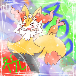 accessory ambiguous_anthro ambiguous_gender anthro biped blush cute_fangs digitigrade dipstick_tail fangs featureless_crotch flower flower_in_hair food front_view hair hair_accessory looking_at_viewer markings number object_in_tail on_one_leg one_eye_closed open_mouth open_smile plant pose shrimp_(food) smile solo standing tail tail_markings teeth text wink winking_at_viewer annyui0611 nintendo pokemon braixen canid generation_6_pokemon mammal pokemon_(species) 1:1 2022 digital_drawing_(artwork) digital_media_(artwork) full-length_portrait hi_res japanese_description japanese_text milestone_celebration portrait translated translated_description