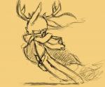 2015 6:5 action_pose anthro antler_ribbon antlers bare_chest cloak clothed clothing dual_wielding glowing glowing_eyes hi_res holding_object holding_weapon horn jackalope knife lagomorph male mammal monochrome panzery25 pose ribbons scabbard signature simple_background solo weapon yellow_background