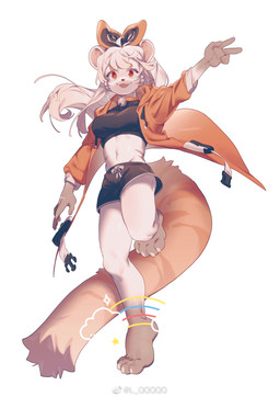 :3 anthro bell bell_collar bottomwear breasts clothing coat collar female fluffy fluffy_tail fur gesture hair hand_gesture medium_breasts orange_clothing orange_coat orange_topwear ribbons shorts smile snout solo stripes tail topwear v_sign white_body white_fur white_hair lqqq felid mammal pantherine tiger hi_res watermark