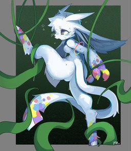 anthro biped black_nose blush blush_lines bodily_fluids bound breasts featureless_breasts featureless_crotch female female_anthro fur hooves leg_grab long_ears long_tail looking_back multicolored_body nude nude_female open_mouth plant purple_sclera raised_leg rear_view restrained restrained_by_tentacles side_boob simple_background suspension sweat sweatdrop tail tentacles unguligrade vines white_body white_eyes white_fur white_tail yuanmin microsoft ori_(series) xbox_game_studios guardian_spirit 2025 hi_res