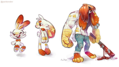 anthro band-aid bandage blood bodily_fluids bottomwear buckteeth chart clothed clothing denim denim_bottomwear denim_clothing evolution evolution_chart evolutionary_family fur hair hair_over_eye jeans male muscular muscular_anthro muscular_male one_eye_obstructed pants piercing red_hair simple_background smile solo teeth topless weapon white_background white_body white_fur panken fakemon nintendo pokemon generation_8_pokemon lagomorph mammal pokemon_(species) scorbunny 2019 hi_res