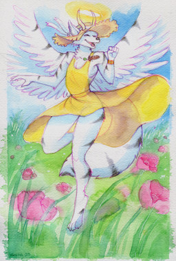 4_toes 5_fingers anthro blue_sky bracelet claws closed_hands clothed clothing crossdressing day digit_ring digitigrade dress eyes_closed feather_accessory feather_jewelry feather_necklace feathered_wings feathers feet field finger_ring fingers flower frolicking fur gold_(metal) gold_bracelet gold_jewelry grass grey_stripes halo happy hat hat_ribbon headgear headwear horn horns_through_hat jewelry joyous male markings necklace on_one_leg open_hand open_mouth outside paws pink_flower plant ring sky smile solo spinning spread_wings standing straw_hat striped_arms striped_body striped_legs striped_markings striped_tail stripes summer_dress summer_hat sundress tail tail_markings toes white_body white_feathers white_fur white_tail wings yellow_clothing yellow_dress sanssouci mono_(mononatriumglutamat) canid canine canis mammal wolf absurd_res full-length_portrait hi_res huge_filesize painting_(artwork) portrait signature traditional_media_(artwork) watercolor_(artwork)