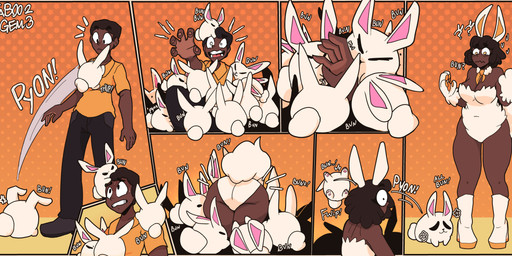 ambiguous_gender black_hair bottomwear bow_tie breast_growth breasts butt clothing dark_body dark_skin dialogue female feral footwear forced forced_transformation fur gender_transformation group growth hair high_heels human_to_humanoid looking_down male mtf_transformation navel open_mouth orange_background pants pawpads shirt shocked shoes simple_background species_transformation standing surprised tail tail_growth text topwear transformation white_body white_fur yellow_clothing yellow_shirt yellow_topwear taboo_gem animal_humanoid human humanoid lagomorph lagomorph_humanoid leporid leporid_humanoid mammal mammal_humanoid rabbit rabbit_humanoid 2023 absurd_res comic digital_media_(artwork) english_text hi_res