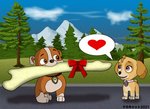 bone bone_in_mouth bow_(feature) bow_ribbon duo female feral gift_bow heart_reaction heart_symbol male male/female mouth_hold object_in_mouth red_bow speech_bubble young young_feral kerocat paw_patrol rubble_(paw_patrol) skye_(paw_patrol) bulldog canid canine canis cockapoo domestic_dog english_bulldog mammal mastiff mixed_breed molosser pictographics