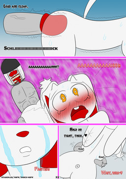 abs anal anal_penetration anthro blush bodily_fluids buckteeth dialogue doll duo eyewear female fur genitals grey_body grey_nipples hands_on_hips headwrap horn male male/female nipples penetration penis red_inner_ear red_lens red_nose shaking sunglasses tail tears tears_of_pleasure teeth tongue tongue_out white_body white_fur yellow_eyes otakon_(artist) 2spot_studio bloody_bunny_(series) madness_combat bloody_bunny hank_j._wimbleton animate_inanimate lagomorph leporid living_doll mammal nevadean_(madness_combat) rabbit comic hi_res
