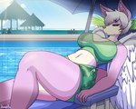 anthro big_breasts bikini black_sclera breasts clothed clothing detailed_background feathered_wings feathers female fur hair navel outside pink_body pink_fur solo swimming_pool swimwear two-piece_swimsuit white_body white_fur white_hair wings jhenightfox aurora_(shai_dreamcast) canid canine canis jackal mammal digital_media_(artwork) hi_res