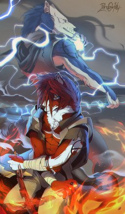 5_fingers anthro black_nose blue_body blue_fur brown_nose clothed clothing dagger duo fingers fur hair holding_object holding_weapon male melee_weapon red_hair weapon white_body white_fur yellow_eyes grypwolf canid canine canis mammal wolf 2014 digital_drawing_(artwork) digital_media_(artwork) hi_res