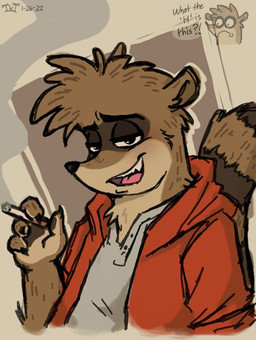 anthro anthrofied brown_body brown_fur cigarette clothing fur hoodie looking_at_viewer male ringed_eyes smoking solo topwear anonymous_artist rigbyschmex cartoon_network regular_show rigby_(regular_show) mammal procyonid raccoon unavailable_at_source
