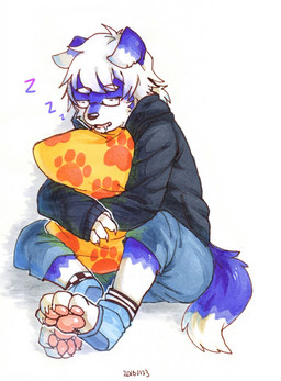 anthro black_clothing black_topwear blue_body blue_bottomwear blue_clothing blue_fur blue_pants bottomwear cheek_tuft clothed clothing denim denim_bottomwear denim_clothing eyes_closed facial_tuft floppy_ears fur hair hug hugging_object hugging_pillow jeans male open_mouth pants pawpads pillow pink_pawpads short_hair simple_background sitting sleeping solo sound_effects three-quarter_view topwear tuft unsigned vowelless vowelless_sound_effect white_background white_body white_fur white_hair zzz asnnonaka arcticsaron canid canine canis domestic_dog mammal 2016 dated full-length_portrait hi_res portrait