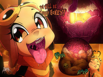 antennae_(anatomy) anthro bodily_fluids bone digestion digestion_noises drooling eyewear fatal_vore female first_person_view goggles licking looking_at_viewer mouth_shot open_mouth oral_vore organs prey_pov reverse_mouth_shot saliva saliva_string size_difference skull solo stomach tongue tongue_out uvula vore zapor666 honey_pops miel_pops arthropod bee hymenopteran insect 4:3 comic hi_res