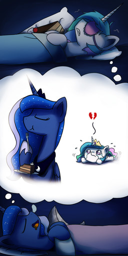 bed bedding blanket blue_body blue_feathers blue_fur bodily_fluids cake crying cutlery dessert dream duo eating eyewear feathered_wings feathers female feral food fork fur furniture horn kitchen_utensils pillow sleeping tears tools white_body white_feathers white_fur wings anticularpony friendship_is_magic hasbro my_little_pony mythology princess_celestia_(mlp) princess_luna_(mlp) equid equine mammal mythological_creature mythological_equine winged_unicorn 1:2 2014 absurd_res hi_res