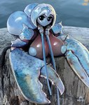 antennae_(anatomy) anthro big_breasts black_eyes blue_hair blush blush_stickers breasts butt female hair horn lying mouthless non-mammal_breasts nude nude_anthro nude_female on_front pasties pincers solo psyk323 blue_lobster_(meme) arthropod crustacean decapoda lobster malacostracan marine 2022 hi_res meme