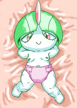 bed clean_diaper clothed clothing diaper female flat_chested furniture green_hair hair loli looking_at_viewer lying lying_on_bed neonate nipples on_back on_bed simple_background solo wearing_diaper white_body young sneakydickey nintendo pokemon generation_3_pokemon humanoid pokemon_(species) ralts digital_media_(artwork) hi_res