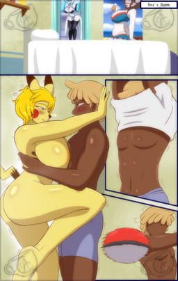 anthro anthrofied big_breasts breasts clothing comic_panel duo female imminent_sex inside looking_at_another looking_at_partner male mature_anthro mature_female nude nude_female pokemorph poster undressing pok-zone nintendo pokemon fan_character generation_1_pokemon human mammal pikachu pokemon_(species) absurd_res comic hi_res