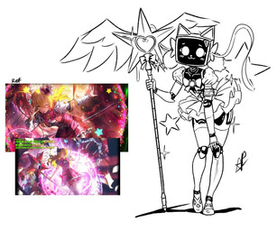 anthro clothed clothed_female clothing cosplay dress female for_a_head front_view fully_clothed fully_clothed_female hand_on_legs looking_at_viewer machine magical_girl_outfit magical_girl_wand shadow simple_background solo standing text white_background aphelion_host limbus_company project_moon voices_of_the_void don_quixote_(limbus_company) kerfur_omega_(votv) the_queen_of_hatred domestic_cat felid feline felis mammal monitor_head robot robot_anthro black_and_white english_text full-length_portrait japanese_text korean_text monochrome portrait reference_image