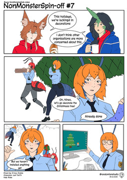 black_hair black_necktie blue_clothing blue_jacket blue_shirt blue_topwear box bread breasts brown_ears brown_hair christmas_tree clothing computer_keyboard computer_monitor computer_mouse container cup eating eyewear female flying food freckled_face freckles gift gift_box gift_wrapped glasses green_ears green_horn group hair holding_container holding_cup holding_mug holding_object holidays horn insect_wings jacket long_hair monster_girl_(genre) mug necktie open_mouth orange_hair plant red_hair round_glasses shirt short_hair simple_background smile standing text topwear tree walking white_background wings randomtanstudio christmas jesse_(randomtanstudio) liza_(randomtanstudio) animal_humanoid arthropod arthropod_humanoid humanoid hymenopteran hymenopteran_humanoid insect insect_humanoid lizard_humanoid mammal mammal_humanoid reptile reptile_humanoid rodent rodent_humanoid scalie scalie_humanoid sciurid sciurid_humanoid tree_squirrel_humanoid wasp_humanoid comic english_text hi_res