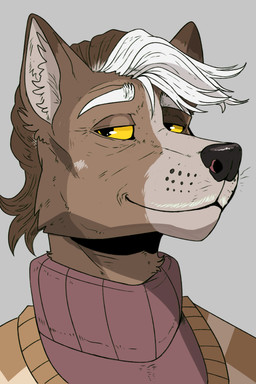 anthro black_nose brown_body brown_fur brown_hair cheek_tuft eyebrows facial_tuft front_view fur glistening glistening_eyes glistening_nose grey_background grey_body grey_fur grey_inner_ear_fluff hair inner_ear_fluff male mouth_closed narrowed_eyes simple_background smile solo tuft unsigned white_eyebrows white_hair swampjaws kenneth_goodwin canid canine canis mammal red_wolf wolf absurd_res bust_portrait hi_res portrait