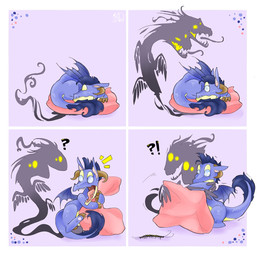 2_heads blue_eyes duo feral horn interrobang multi_head open_mouth pillow question_mark scared sleeping tail tongue wings kogotsuchidark mythology arthropod dragon insect mythological_creature mythological_scalie scalie comic hi_res
