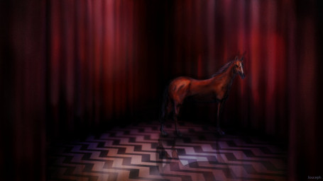 ambiguous_gender black_stripes curtains feral fur head_turned hooves inside mane quadruped red_body red_curtains red_fur reflection reflective_floor side_view solo standing stripes text unguligrade white_stripes louceph twin_peaks equid equine horse mammal 16:9 2019 artist_name digital_media_(artwork) digital_painting_(artwork) hi_res painting_(artwork) widescreen