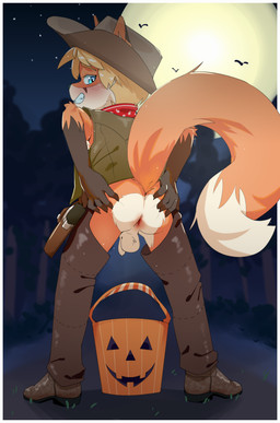 5_fingers anthro anus balls blonde_hair blue_eyes boots border butt candy_bucket claws clothing countershade_butt countershading cowboy cowboy_boots cowboy_hat cowboy_outfit dipstick_tail fingers flaccid footwear fur genitals gloves_(marking) gun hair hand_on_butt hat headgear headwear holidays holster kerchief looking_at_viewer looking_back looking_back_at_viewer male markings moon neckerchief neckwear night orange_body orange_fur outside penis presenting presenting_hindquarters ranged_weapon shoes sky smile solo spread_butt spreading standing star tail tail_markings tan_body tan_fur teeth weapon white_border young young_anthro young_male numberfour halloween tycloud ambient_bat canid canine fox mammal red_fox true_fox absurd_res colored digital_media_(artwork) full-length_portrait hi_res portrait shaded