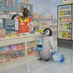 1:1 2021 alcohol ambiguous_gender appliance avian bag beady_eyes beverage biped bird black_body black_eyes black_feathers bottle box candy cash_register clothed clothing container convenience_store dessert detailed_background duo emperor_penguin feathers feral food fridge gouache_(artwork) grey_body grey_feathers hi_res ice ice_bag id_card identification inside joaquincarre kitchen_appliance lighter orange_body orange_feathers oxxo painting_(artwork) penguin semi-anthro shaded shelf shirt smirnoff soda_bottle store store_clerk text topwear traditional_media_(artwork) white_body white_feathers young young_feral