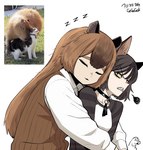 =_= animal_ears annoyed black_choker black_hair black_jewelry black_necklace brown_clothing brown_hair brown_topwear brown_vest capybara_ears choker clenched_teeth clothing creature_and_personification duo eyes_closed female from_side hair hug hugging_another hugging_from_behind jewelry long_hair long_sleeves necklace pattern_clothing pattern_shirt pattern_topwear personification photo_reference reference_inset sharp_teeth shirt short_hair simple_background sleeping sound_effects squiggle striped_clothing striped_shirt striped_topwear stripes teeth text topwear upper_body vest vowelless vowelless_sound_effect white_background white_clothing white_shirt white_topwear zzz gegegekman gegegek_(gegegekman) animal_humanoid capybara capybara_humanoid cat_humanoid caviid domestic_cat felid felid_humanoid feline feline_humanoid felis humanoid mammal mammal_humanoid rodent rodent_humanoid artist_name hi_res reference_image signature