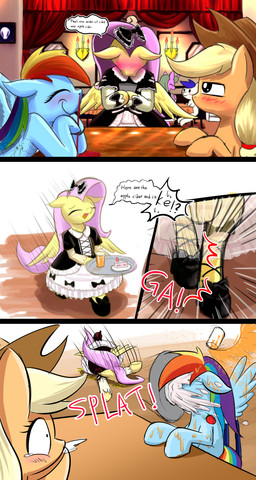 blonde_hair blood blush bodily_fluids cake clothed clothing clumsy cowboy_hat dessert dialogue eyes_closed feathered_wings feathers female feral food group hair hat headgear headwear interrobang maid_uniform multicolored_hair nosebleed pink_hair rainbow_hair smile text uniform wings phoenix_peregrine friendship_is_magic hasbro my_little_pony mythology applejack_(mlp) fluttershy_(mlp) rainbow_dash_(mlp) earth_pony equid equine horse mammal mythological_creature mythological_equine pegasus pony 2016 absurd_res comic english_text hi_res