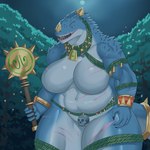 anthro big_breasts blue_body bone breasts claws crossgender curvy_figure female forest jewelry jungle looking_at_viewer melee_weapon mtf_crossgender multicolored_body muscular muscular_female night nude open_mouth plant scales scar skull slightly_chubby solo teeth thick_thighs tree two_tone_body voluptuous weapon wide_hips yellow_eyes goldcrustedchicken warhammer_(franchise) warhammer_fantasy nakai_the_wanderer kroxigor lizardman lizardman_(warhammer) scalie 1:1 absurd_res hi_res