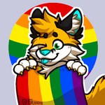 anthro blep blue_nose blue_tongue cheek_tuft circle_eyebrows claws eyebrows facial_tuft flag flag_(object) fluffy fluffy_tail green_eyes head_tuft holding_flag holding_object lgbt_pride male one_eye_closed pride_colors rainbow_flag rainbow_pride_colors rainbow_pride_flag rainbow_symbol solo tail tongue tongue_out tuft wink frodo 1:1