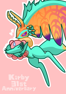 ambiguous_gender anniversary anthro antlers biped blue_pupils chest_tuft colored_nails countershade_torso countershading digitigrade dipstick_tail duo fingernails fluffy fluffy_tail fur head_wings heart_symbol horn hug huge_wings hugging_another looking_at_another markings mouthless multicolored_body multicolored_eyes multicolored_fur nails neck_tuft orange_body orange_fur outline pink_background pink_body pink_eyes pupils purple_fingernails purple_nails purple_sclera red_body simple_background size_difference squirming sweatdrop_(iconography) tail tail_markings tan_body tan_fur teal_body teal_eyes teal_fur text tuft unusual_wing_placement white_outline wings 9w8dh kirby's_anniversary kirby_(series) kirby_and_the_forgotten_land nintendo fecto_elfilis kirby alien chinchillid mammal rodent starling_(kirby) waddling_head 2023 digital_drawing_(artwork) digital_media_(artwork) english_text japanese_description