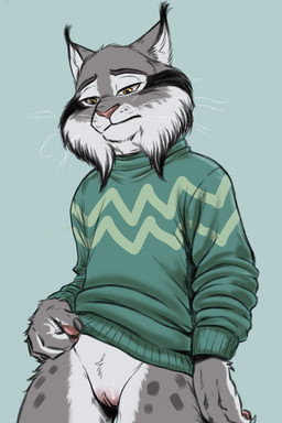 andromorph anthro bottomless clothed clothing crossgender dressing fur genitals grey_body grey_fur intersex markings mta_crossgender mti_crossgender multicolored_body simple_background solo spots spotted_markings sweater sweater_only topwear topwear_only vulva whiskers yellow_eyes slaveknightsylva disney zootopia pawbert_lynxley felid feline lynx mammal hi_res andromorph_(lore)