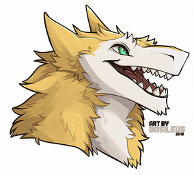 anthro ears_back fur looking_aside male open_mouth open_smile pivoted_ears smile solo teeth dominate_(artist) gull_(sirgull) sergal headshot_portrait portrait