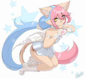 anthro armband blue_hair boots clothing colored_nails cosmic_background dress facial_tuft female footwear fur gesture hair heart_gesture heart_symbol inner_ear_fluff long_hair markings multicolored_hair nails pawpads pink_hair pink_nails pupils shoes simple_background slit_pupils smile solo spots spotted_body spotted_fur star starry_background tail tan_body tan_fur tuft twintails_(hairstyle) two_tone_hair white_background yellow_eyes skecchiart felid feline mammal 2026 hi_res signature