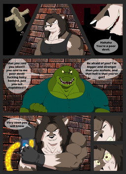 alley anthro bloodshot_eyes brown_body brown_fur brown_hair clothed clothing dialogue duo eyes_closed fingerless_gloves fur gloves green_body green_scales hair handwear hood liquid male markings mole_(marking) multicolored_body multicolored_fur multicolored_scales muscular muscular_anthro muscular_male profanity scales scar speech_bubble teeth text topwear two_tone_body two_tone_fur two_tone_scales vein xxsparcoxx craig_(xxsparcoxx) wildert_(xxsparcoxx) canid canine canis crocodile crocodilian mammal reptile scalie wolf 2015 comic digital_media_(artwork) english_text hi_res